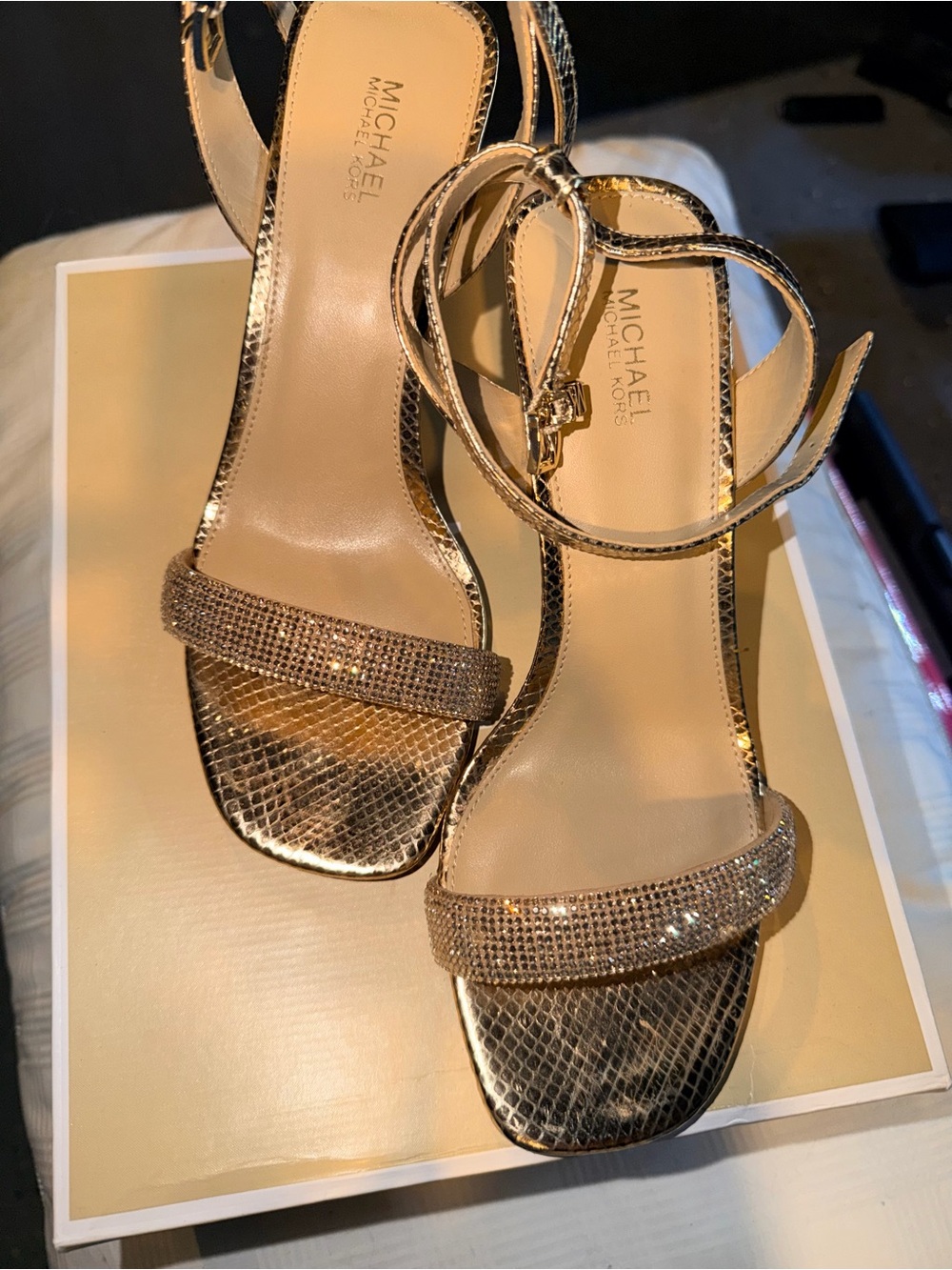 Michael Kors Gold Rhinestone Ankle-Strap Heels